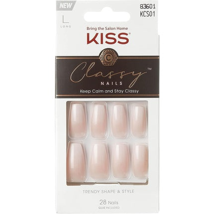 KISS Classy Nails Collection Be-you-tiful Long Length Coffin Shaped Fake Nails 28 False Nails Nail Glue Nail File and Manicure Stick 1 count Artificial Nails Nail Decoration