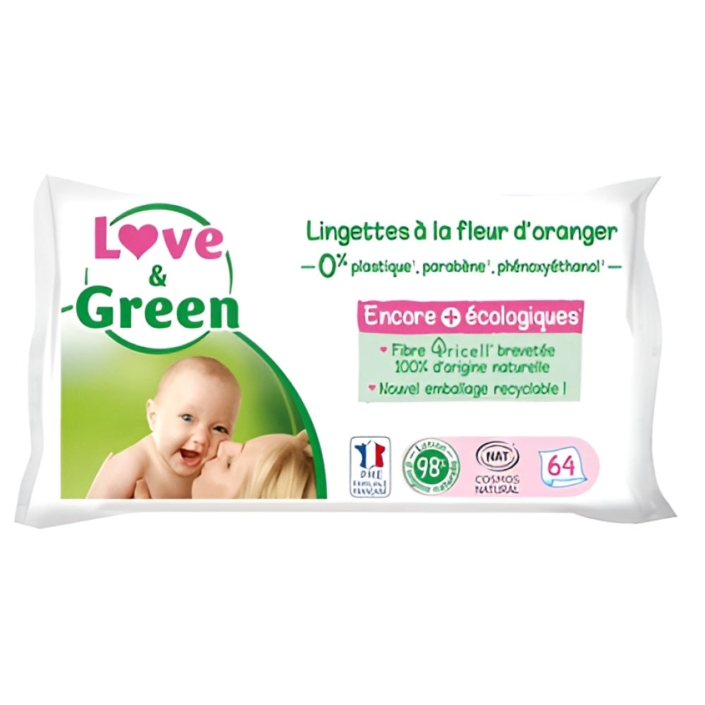 Love & Green Hypoallergenic Baby Wipes Orange Blossom Scent 64 Count Baby-Feuchttücher Windeln